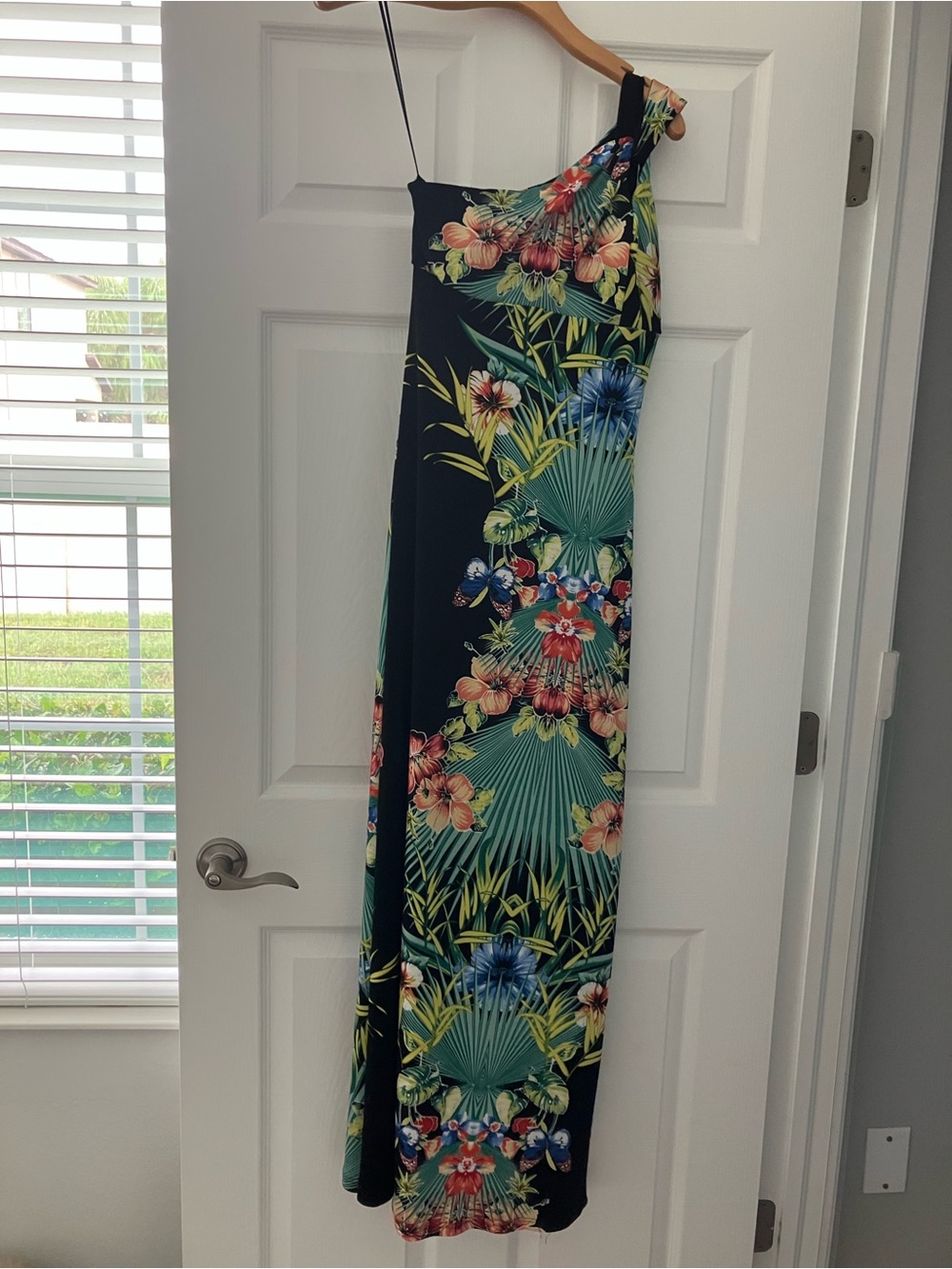 Cache One-Shoulder Maxi Dress in Black with Tropical Floral Print